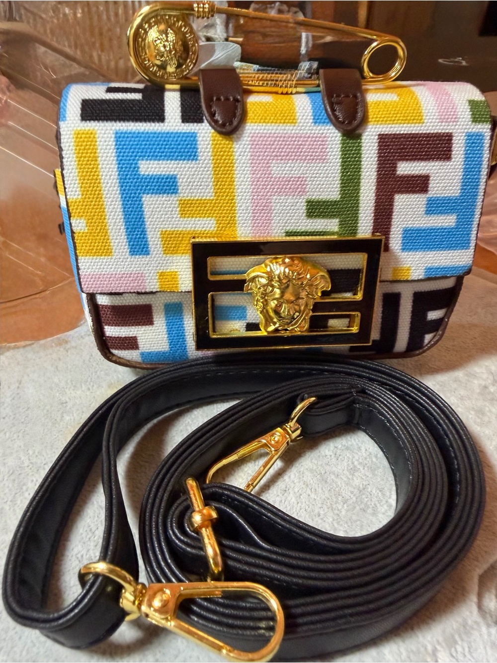 Fendace Multicolor Versace/Fendi Logo Mini Bag with Gold Medusa Accent - Picture 3 of 14